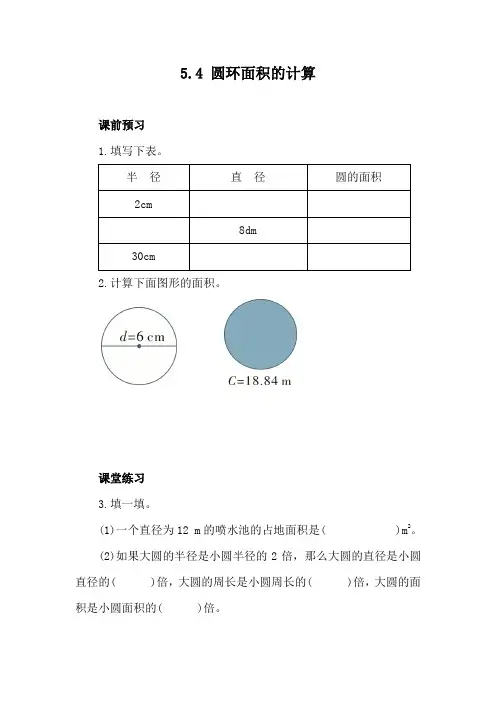 小学数学人教版六年级上 圆环面积的计算  同步练习(含答案)