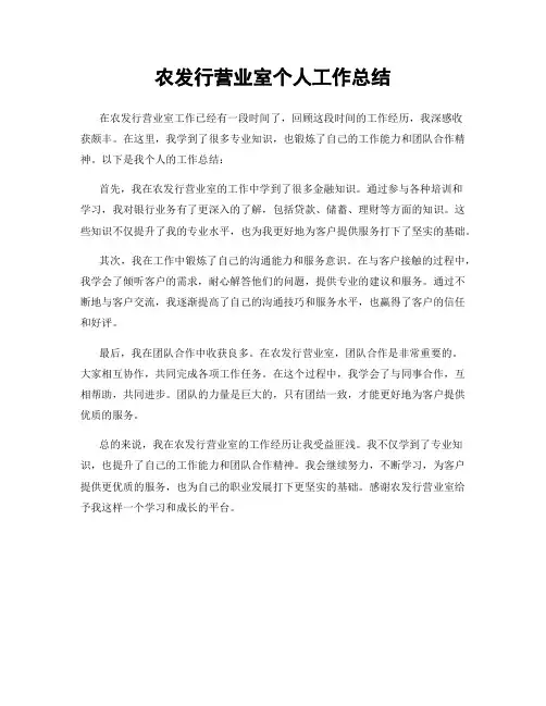 农发行营业室个人工作总结