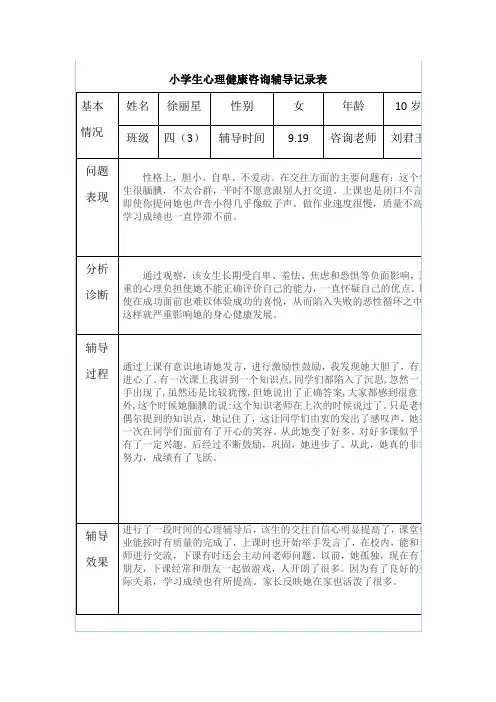 小学生心理健康咨询辅导记录表