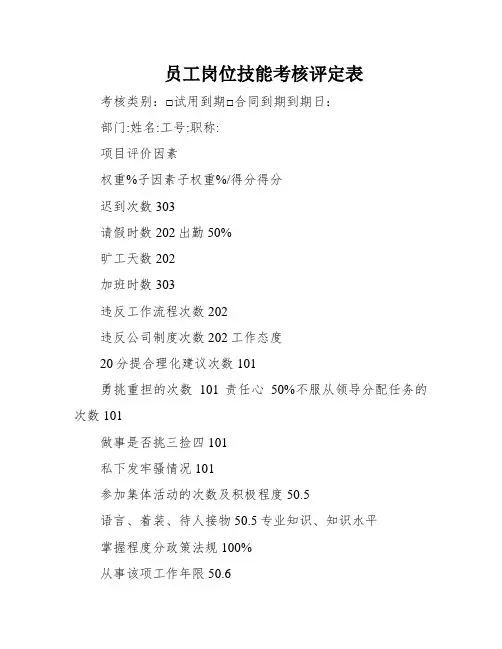 员工岗位技能考核评定表