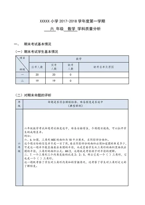 六年级上数学期末考试质量分析(表格详细分析)