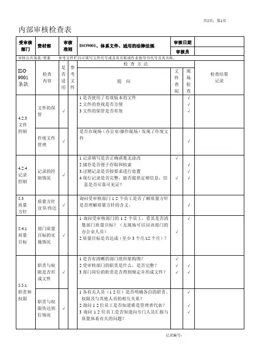 内部审核检查表资材部