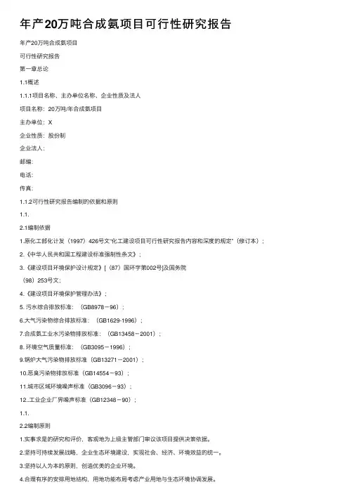 年产20万吨合成氨项目可行性研究报告