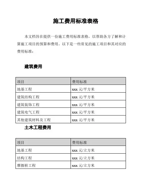施工费用标准表格
