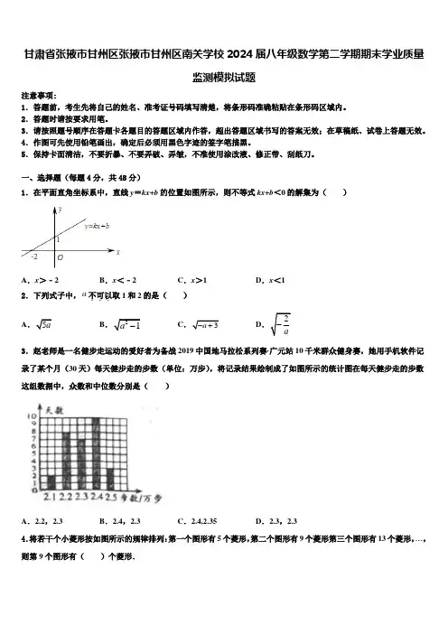甘肃省张掖市甘州区张掖市甘州区南关学校2024届八年级数学第二学期期末学业质量监测模拟试题含解析