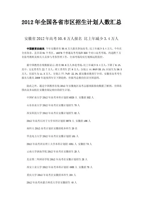 2012年全国各省市区招生计划人...