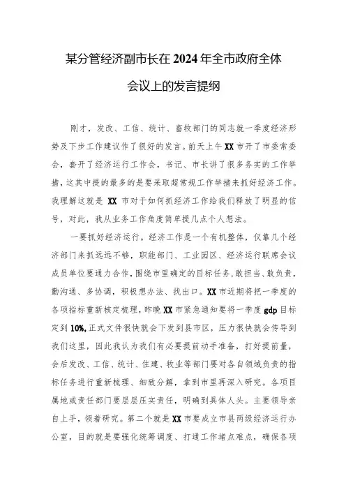 某分管经济副市长在2024年全市政府全体会议上的发言提纲2