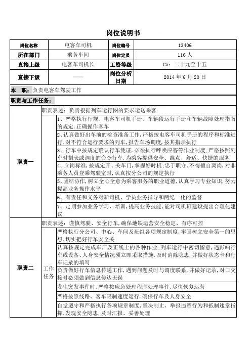 电客车司机岗位说明书