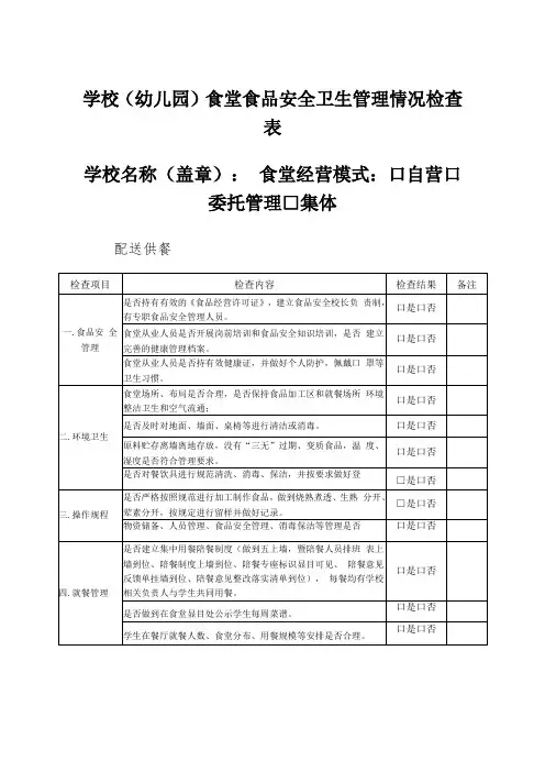 学校(幼儿园)食堂食品安全卫生管理情况检查表