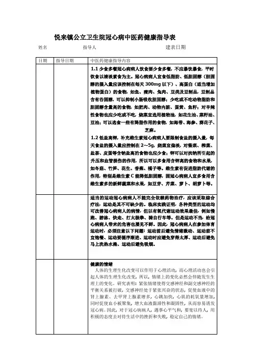冠心病中医药健康指导表