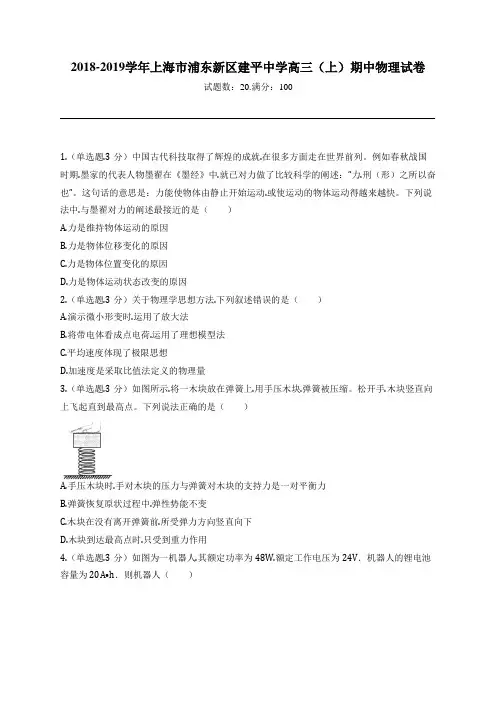 2018-2019学年上海市浦东新区建平中学高三(上)期中物理试卷