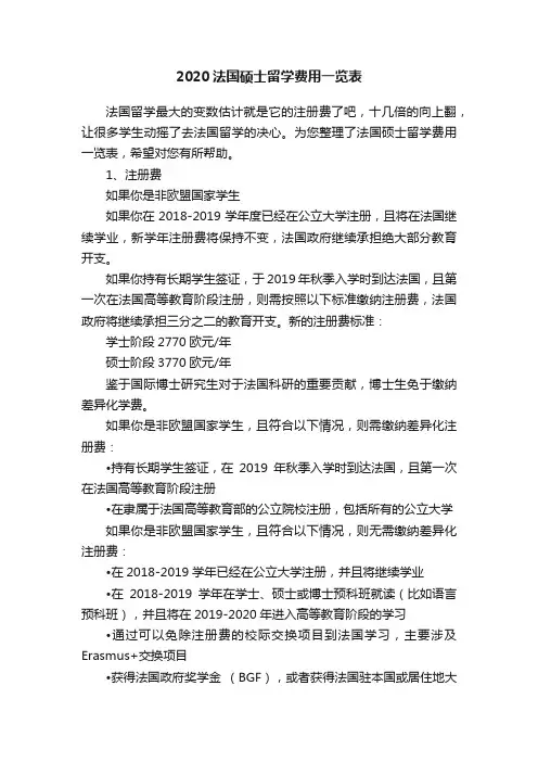2020法国硕士留学费用一览表
