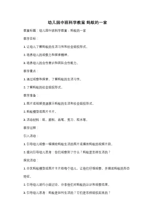 幼儿园中班科学教案 蚂蚁的一家