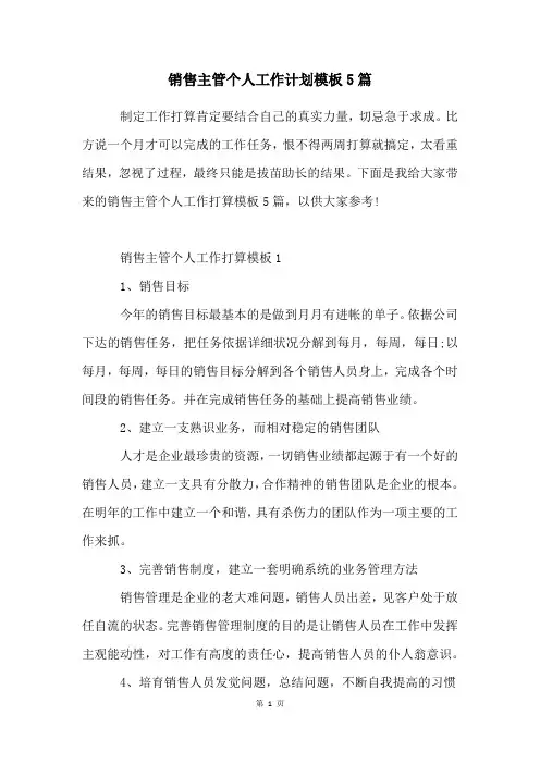 销售主管个人工作计划模板5篇
