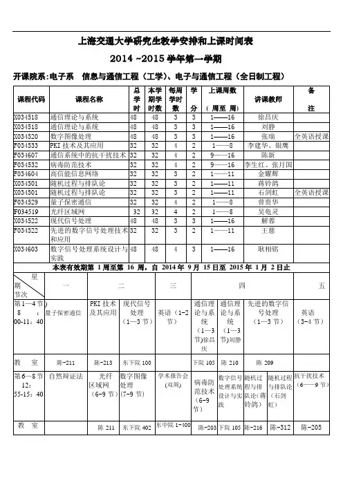上海交通大学研究生教学安排和上课时间表