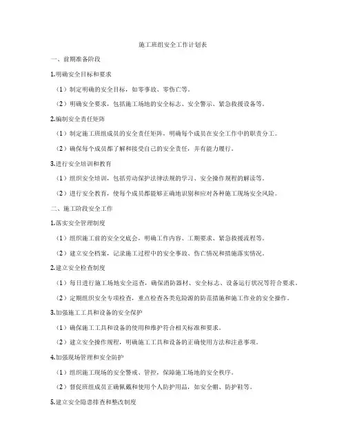 施工班组安全工作计划表