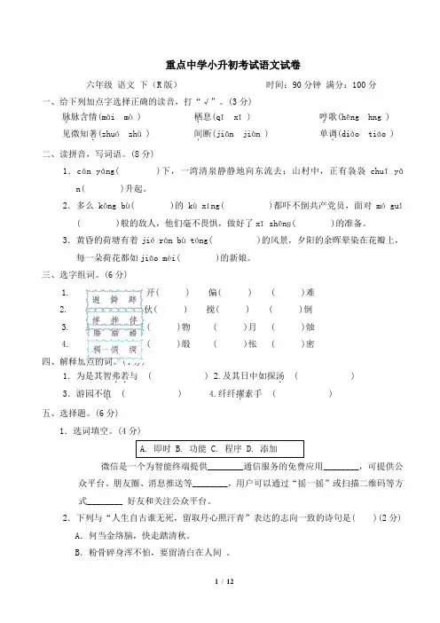 重点中学小升初考试语文试卷  附答案 (2)