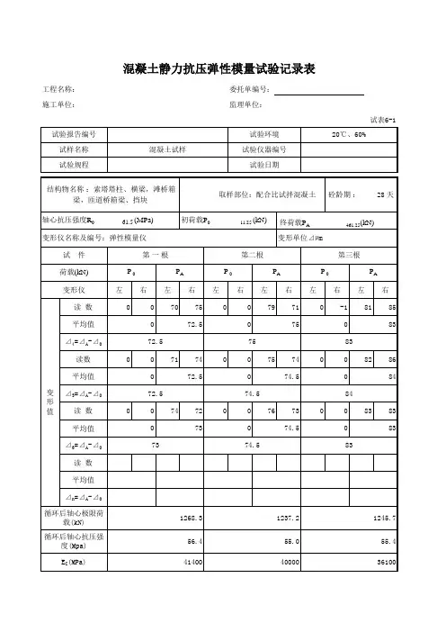 混凝土静力抗压弹性模量试验记录表