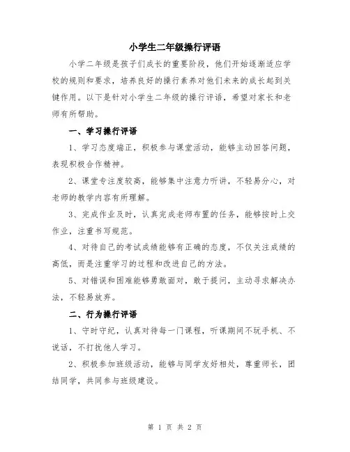 小学生二年级操行评语
