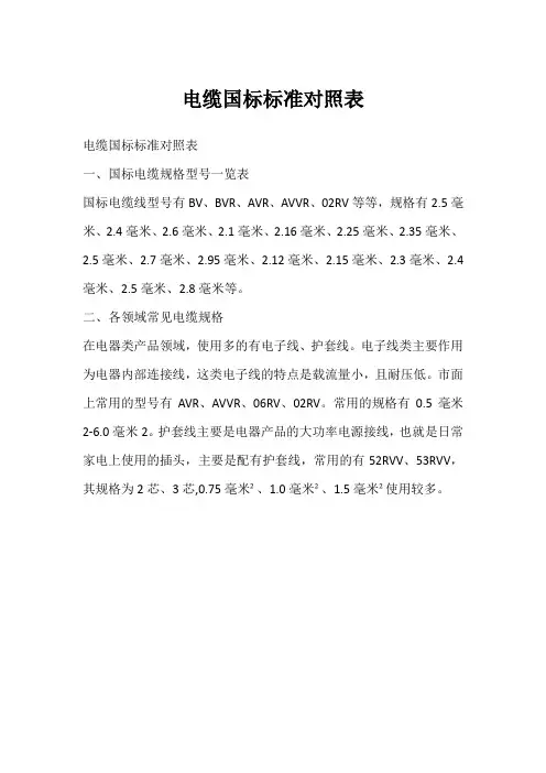 电缆国标标准对照表