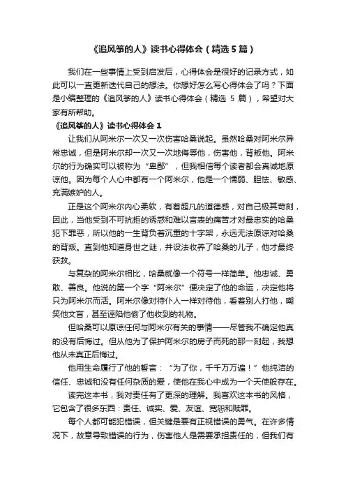 《追风筝的人》读书心得体会（精选5篇）