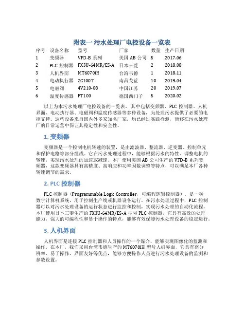 附表一污水处理厂电控设备一览表