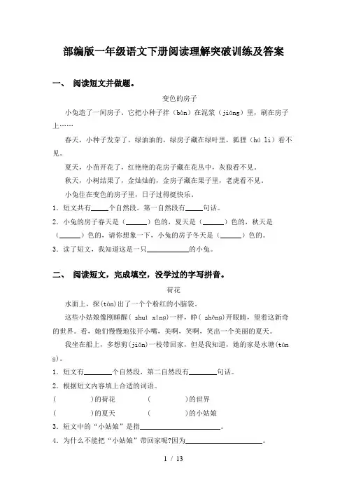 部编版一年级语文下册阅读理解突破训练及答案