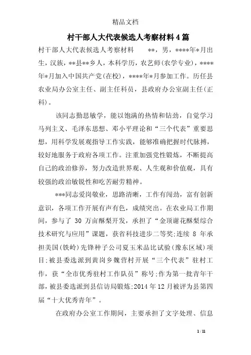 村干部人大代表候选人考察材料4篇