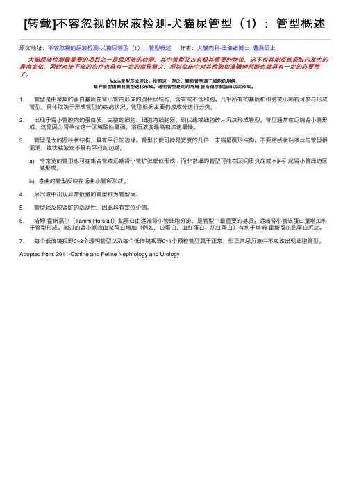 [转载]不容忽视的尿液检测-犬猫尿管型（1）：管型概述