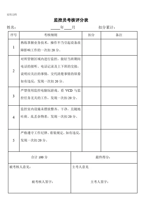 监控员考核评分表