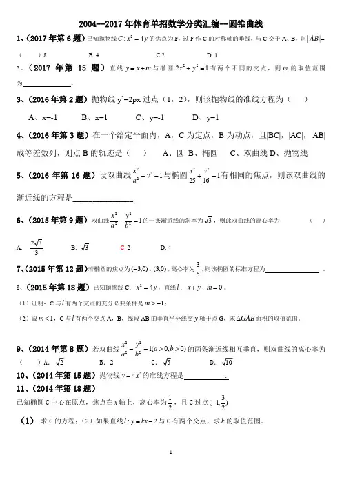 (完整word版)2004--2017年体育单招数学分类汇编-圆锥曲线