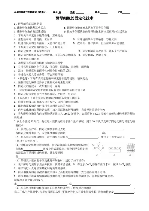 酵母细胞的固定化练习