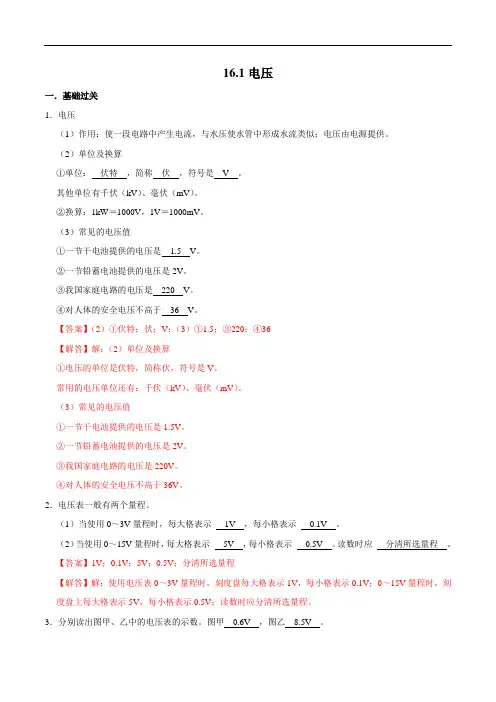 电压(练习)(解析版)2022-2023学年九年级物理全一册同步精品备课(人教版)