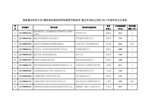 国家重点研发计划煤炭清洁高效利用和新型节能技术重点