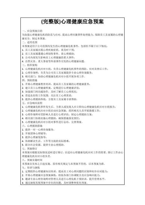 (完整版)心理健康应急预案