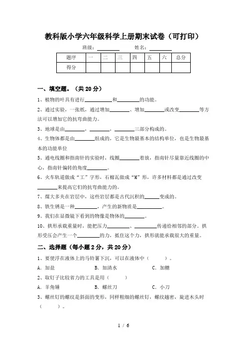 教科版小学六年级科学上册期末试卷(可打印)