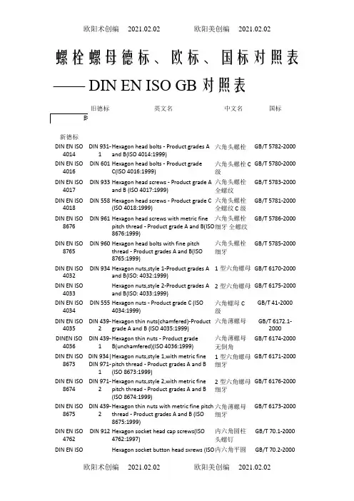 螺栓螺母德标、欧标、国标对照表之欧阳术创编