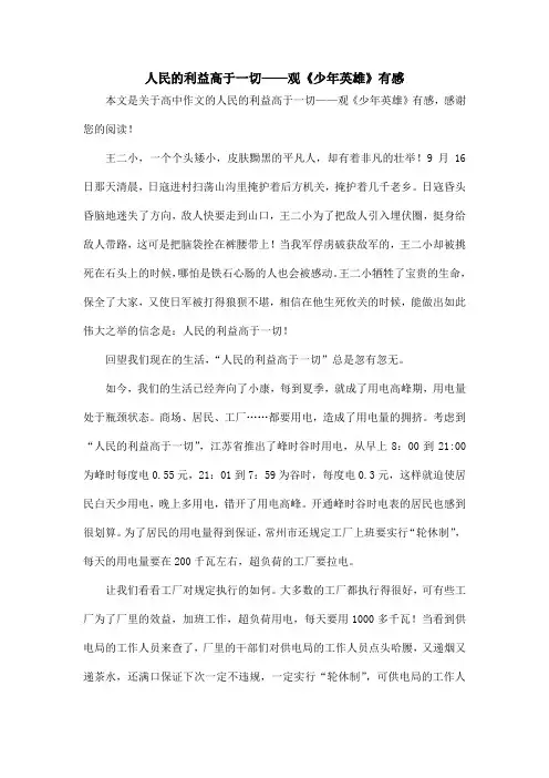 人民的利益高于一切——观《少年英雄》有感_高中作文