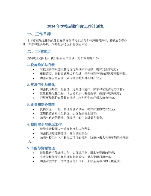 2024年学校后勤年度工作计划表