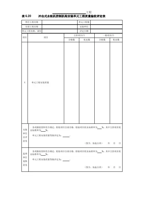 冲击式水轮机控制机构安装单元工程质量验收评定表