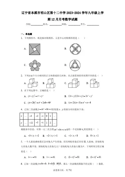 辽宁省本溪市明山区第十二中学2023-2024学年九年级上学期12月月考数学试题