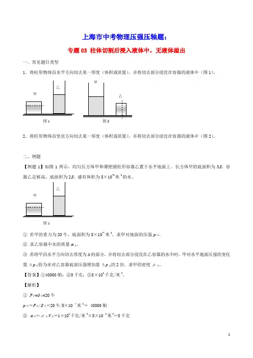 上海市中考物理压强压轴题专题03柱体切割后浸入液体中,无液体溢出(含解析)
