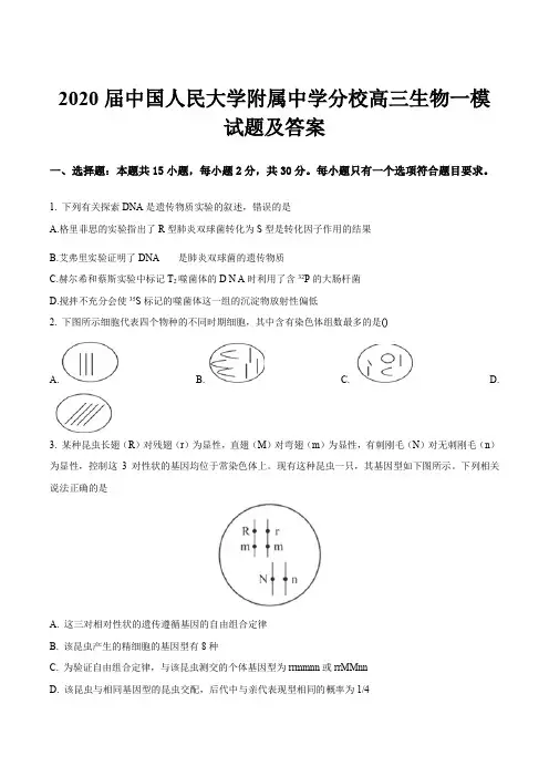 2020届中国人民大学附属中学分校高三生物一模试题及答案
