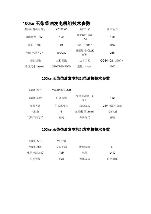 100kw玉柴柴油发电机组技术参数