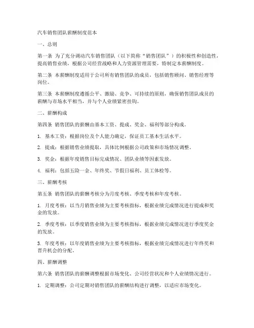 汽车销售团队薪酬制度范本