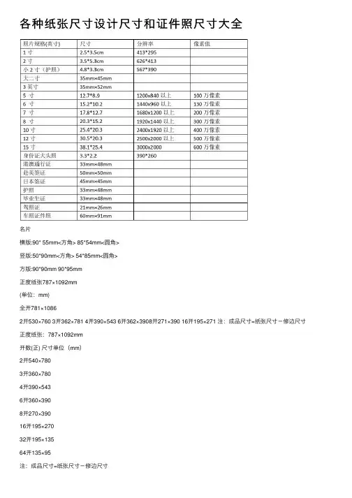 各种纸张尺寸设计尺寸和证件照尺寸大全