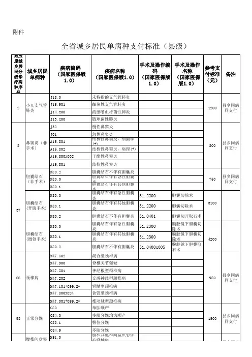 甘肃省全省城乡居民单病种支付标准(县级)