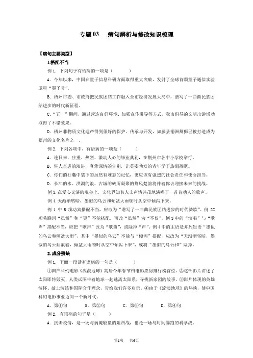 部编版七年级语文上学期期中期末考点大串讲 专题03：病句辨析与修改