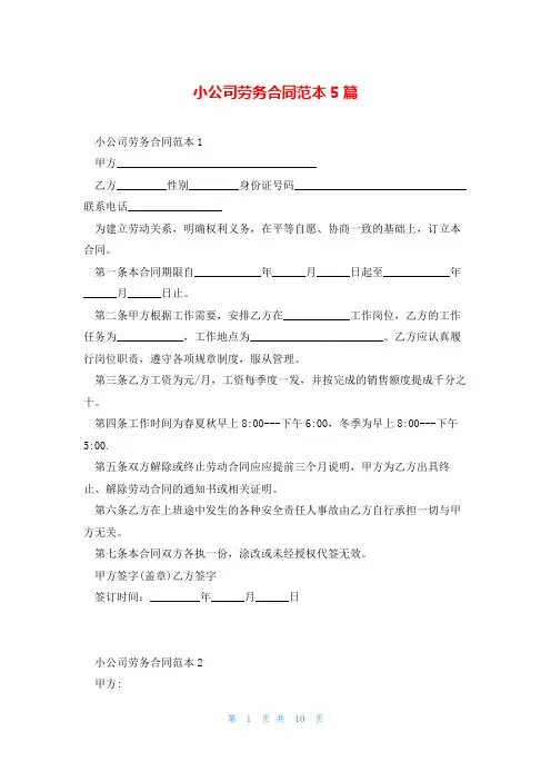 小公司劳务合同范本5篇