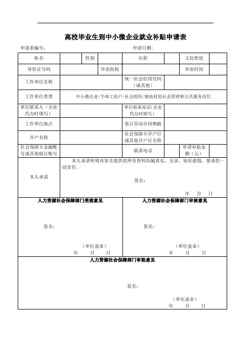 高校毕业生到中小微企业就业补贴申请表(模板)